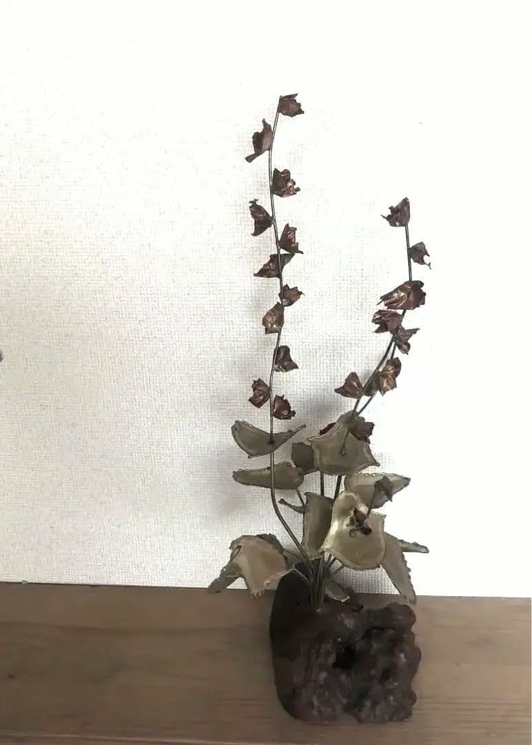 Bob Salon 77 Flower Motif Object Brass Copper Metal Natural Wood Base - 1