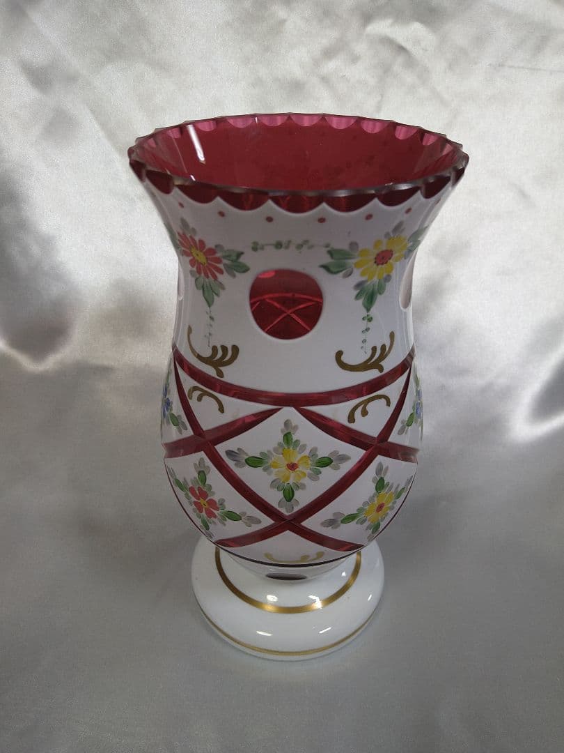 Bohemia Glass Overlay Crystal Vase Flower Holder Claret Red White - 1