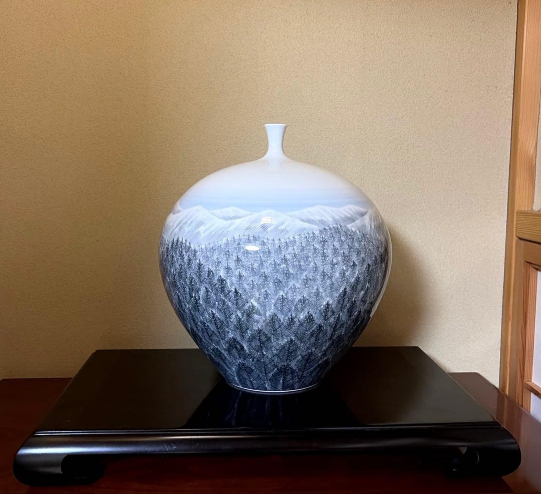 Gray White Blue Mountain Pattern Ceramic Vase Pottery - 1