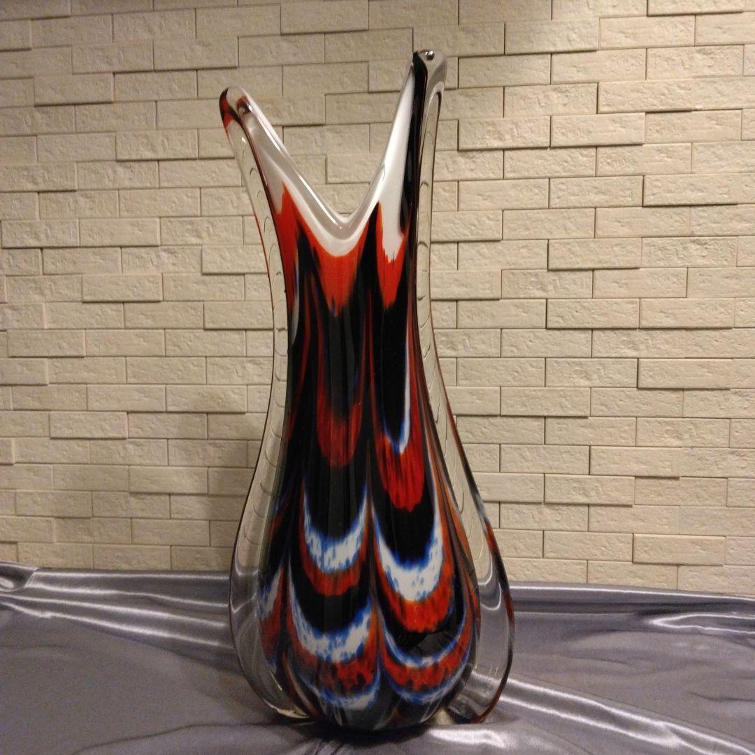 Large Glass Art Flower Vase Red White Blue Black Marble Design - 1