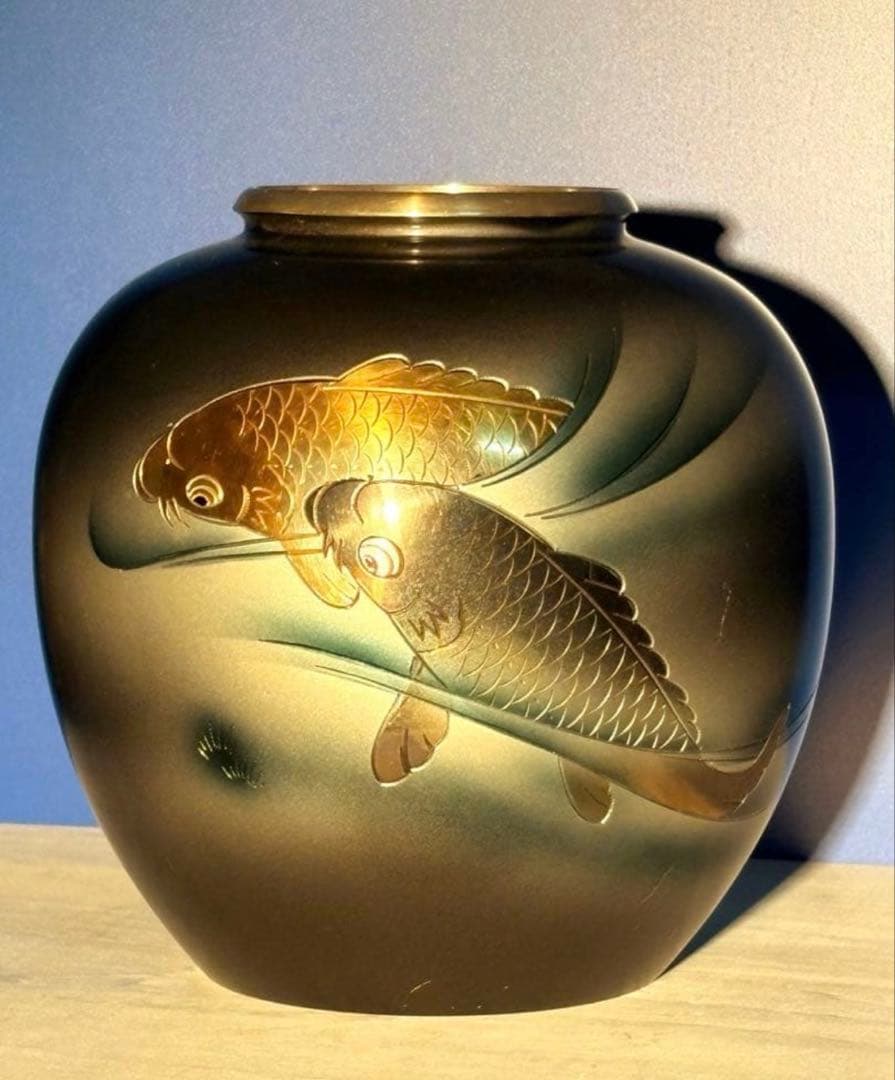 Large Koi Fish Metal Decorative Vase Gold Gilt 3D Sculpture Black Blue - 1