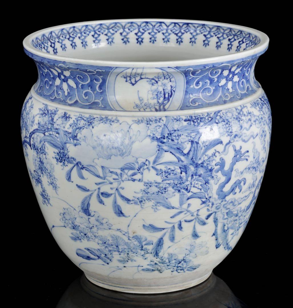 Sometsuke Arita Ware Planter Pot Dragon Bird Motif Blue White Porcelain - 1