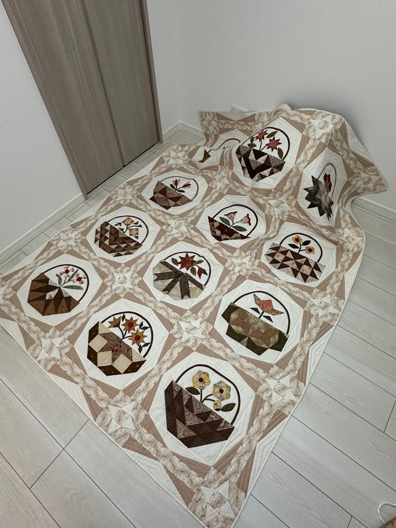 Handmade Patchwork Flower Basket Quilt Mat Tapestry Quilted - 1