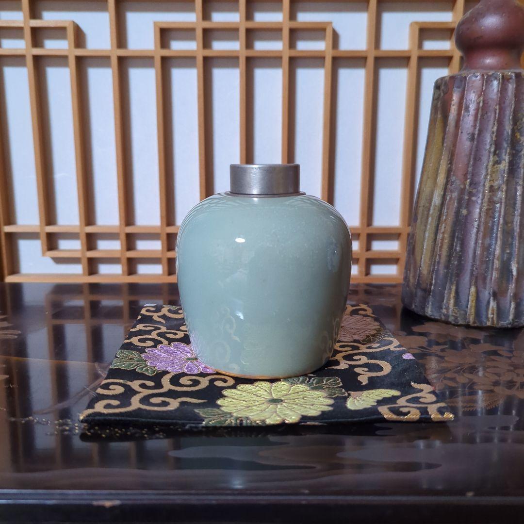 Celadon Tea Caddy Tea Jar Antique Green Tin Lid - 1