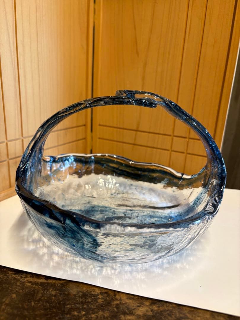 Tsunao Tanaka Art Glass Handled Bowl Vase Indigo Blue Marble Flower Arranging - 1