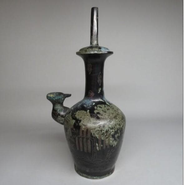 Goryeo Dynasty Bronze Silver Inlaid Willow Waterfowl Kundika Vase Korean - 2