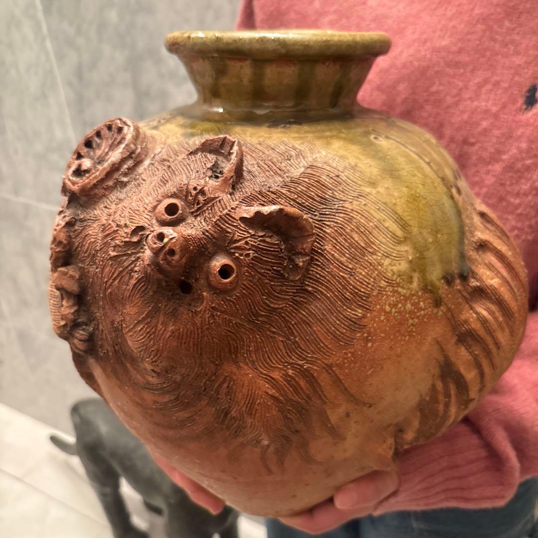 Shigaraki Ware Tanuki Motif Deformed Flower Vase Ikebana Art Pottery - 3
