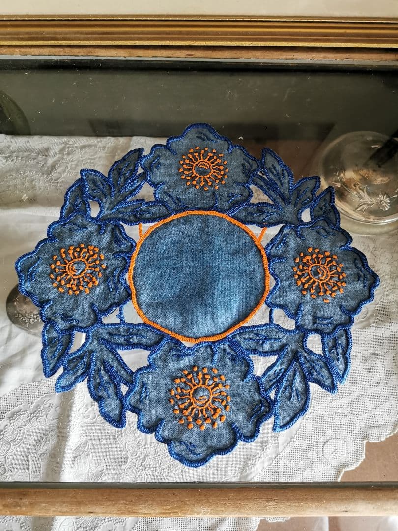 French Antique Indigo Linen Cutwork Sunflower Poppy Doily Orange Embroidery - 1