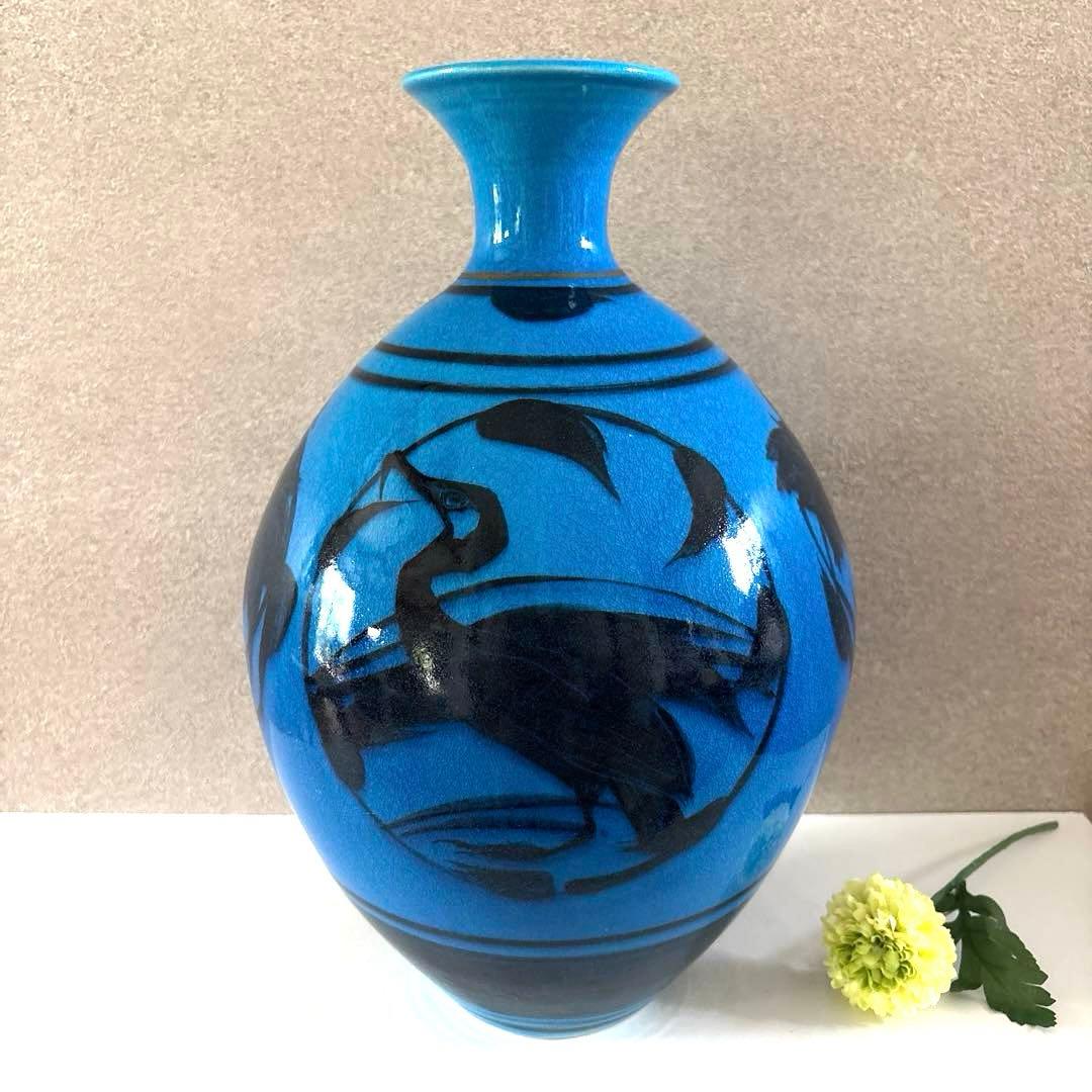 Kobei Kiln Kato Takuo Blue Glaze Bird Vase 33cm - 1