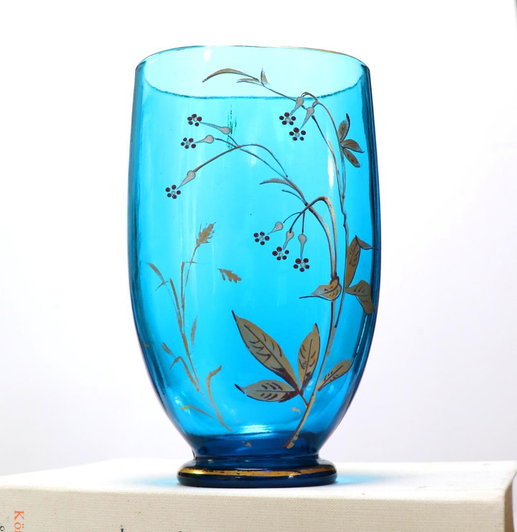 Baccarat Japonisme 1878 Blue Glass Vase Gold Enamel - 1