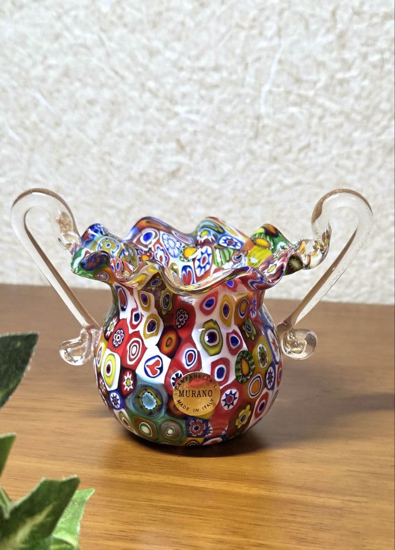 Murano Venetian Glass Millefiori Vase Gold Aventurine Mini Base - 1