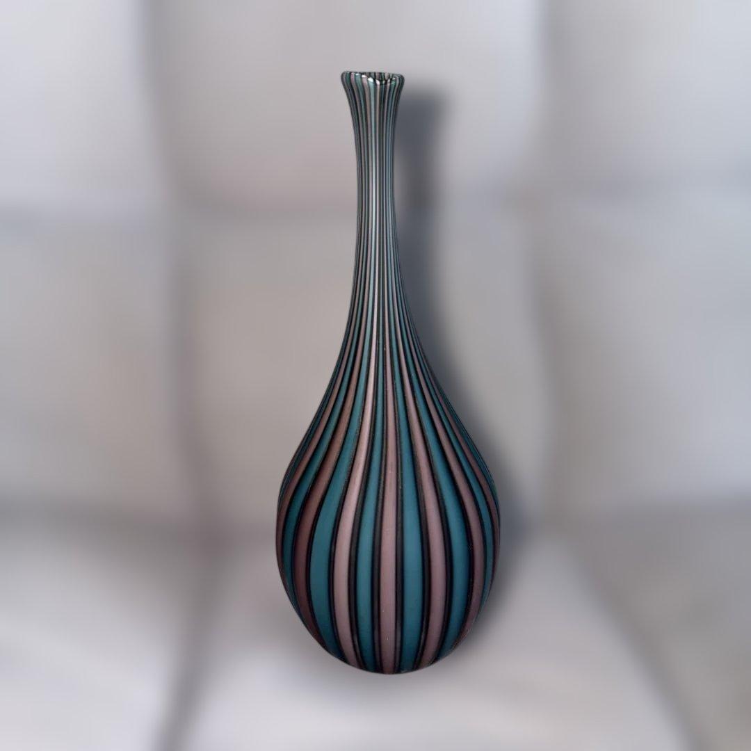 Kyohei Fujita Hand-blown Venice Crane Neck Vase Glass Art Striped Turquoise - 1