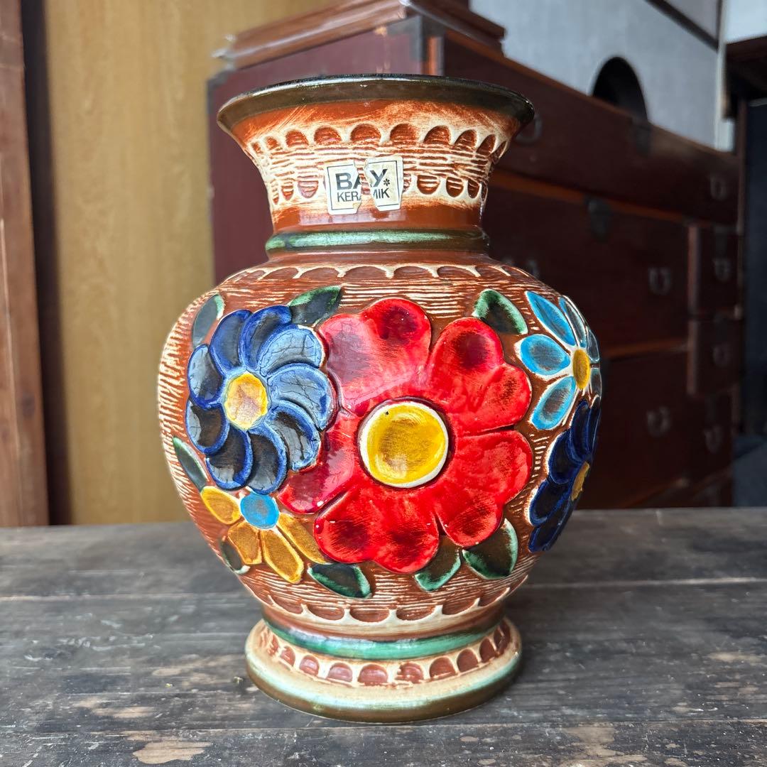 Bay Keramik 98-25 W. Germany Fat Lava Flower Vase Pottery Brown Red Blue Yellow - 1
