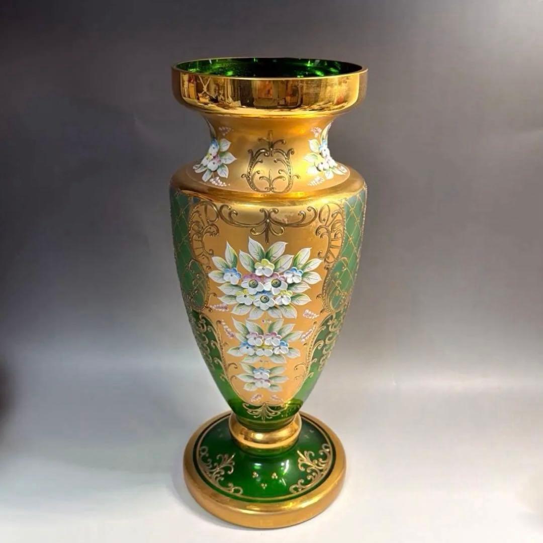 Bohemia Glass Czechoslovakia Flower Vase Green Gold Trim Vintage Decor - 1